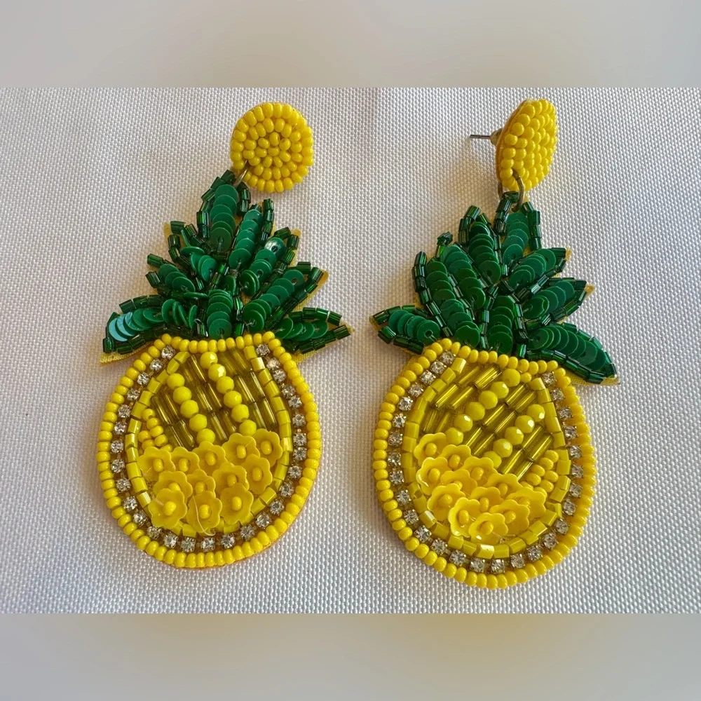 Yellow and Green Beaded Crystal Sequin Pineapple Earrings